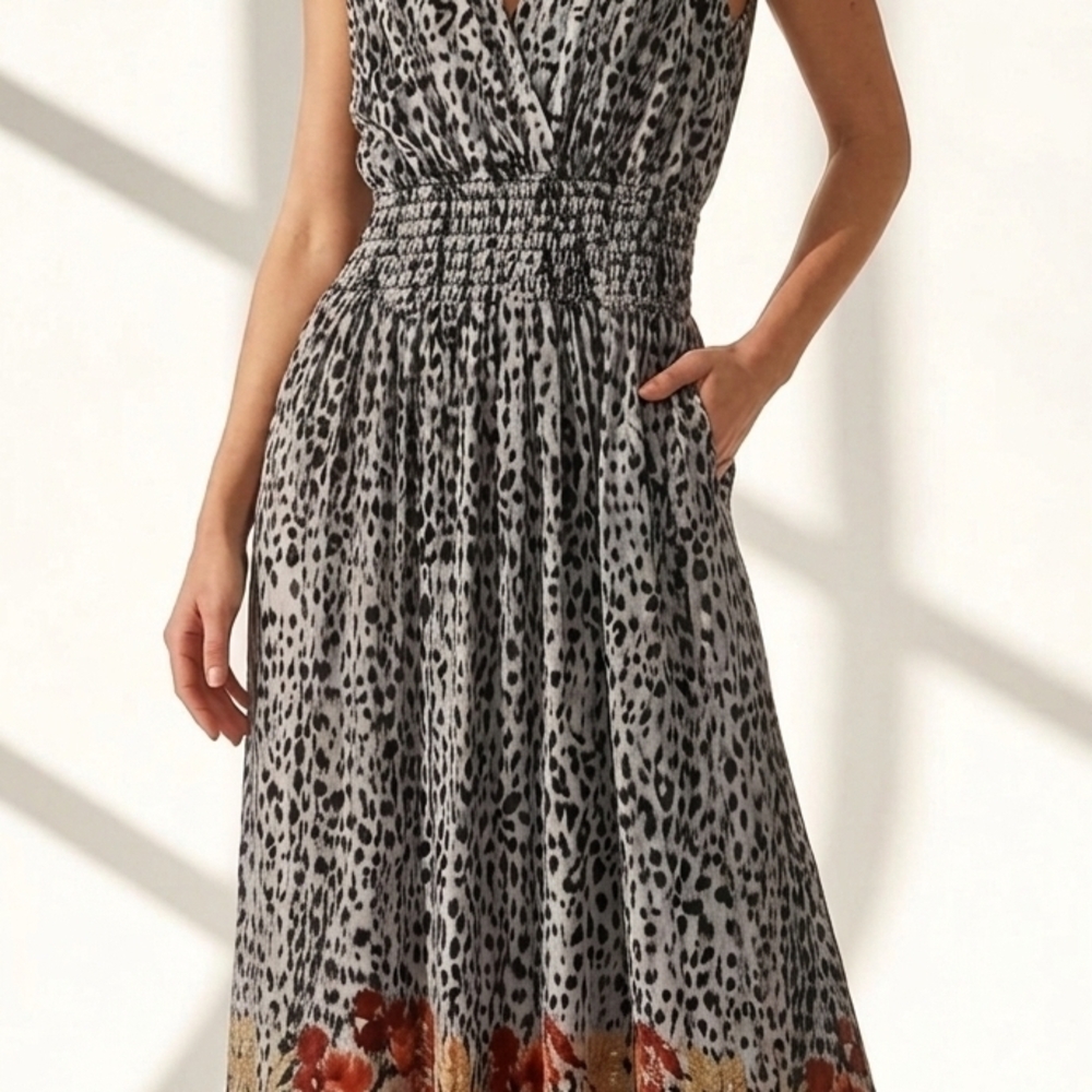 WinWin Grey Leopard Print Midi Dress with Floral Hem
